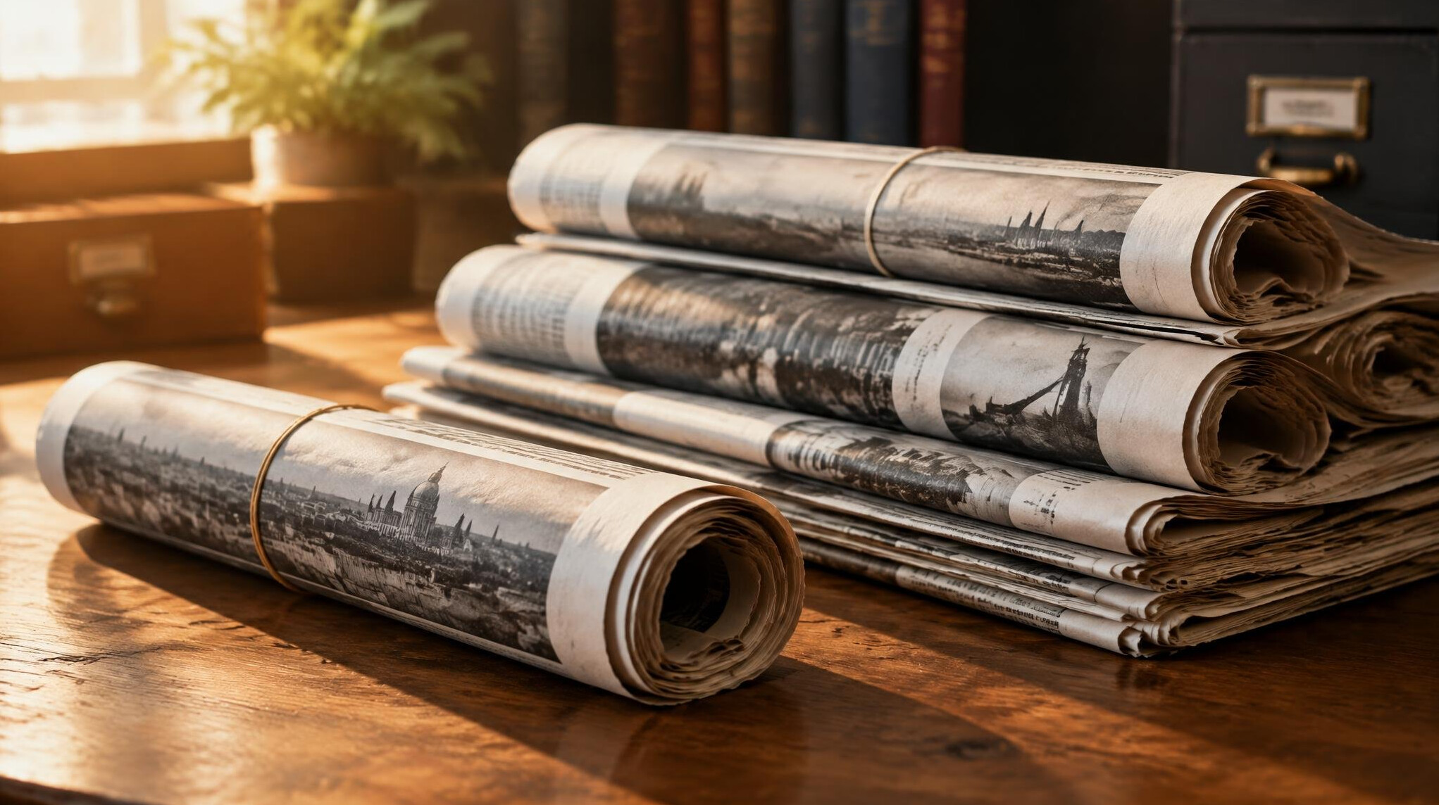 Rolled up newspapers on a wooden table