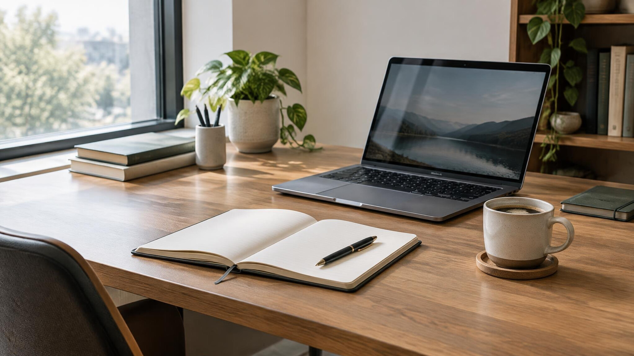 Open notebook and coffee cup on an editorial desk