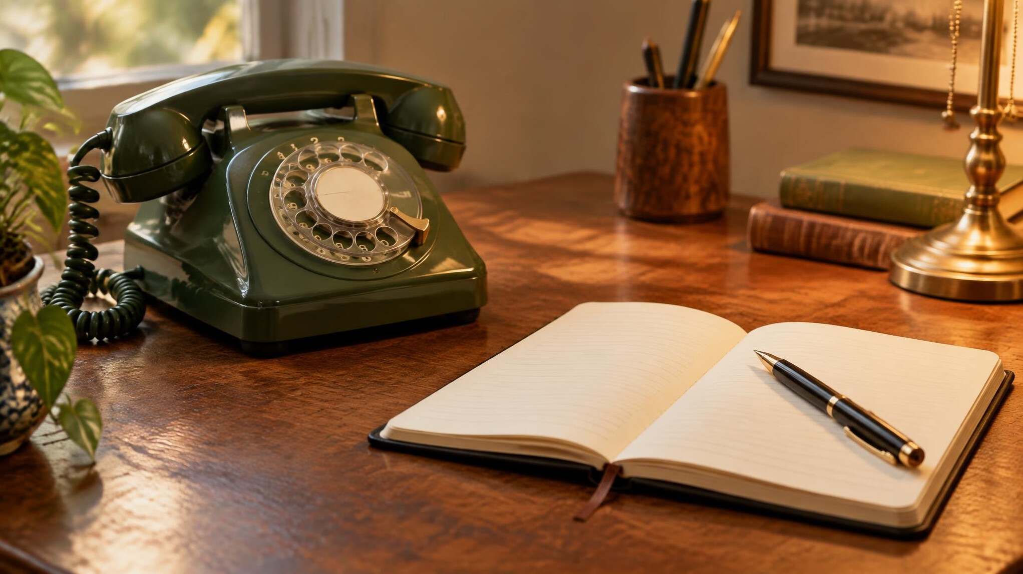 Rotary phone and notebook on a wooden desk