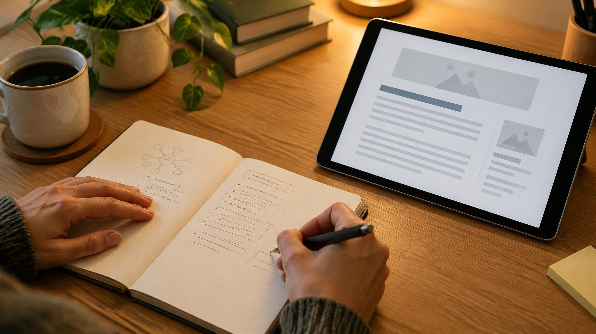 Hands writing notes next to a tablet and notebook