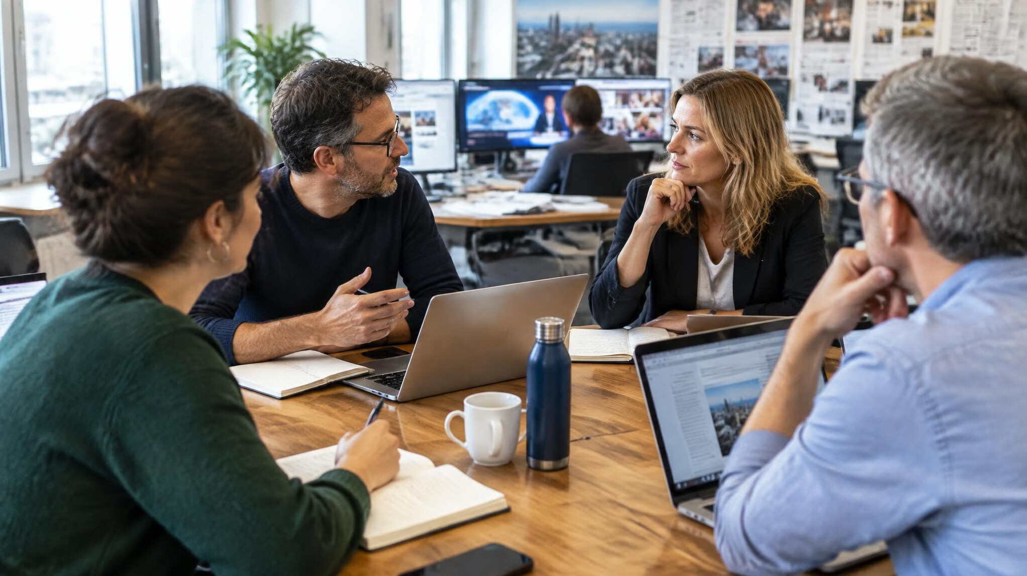 Small editorial team discussing around a table