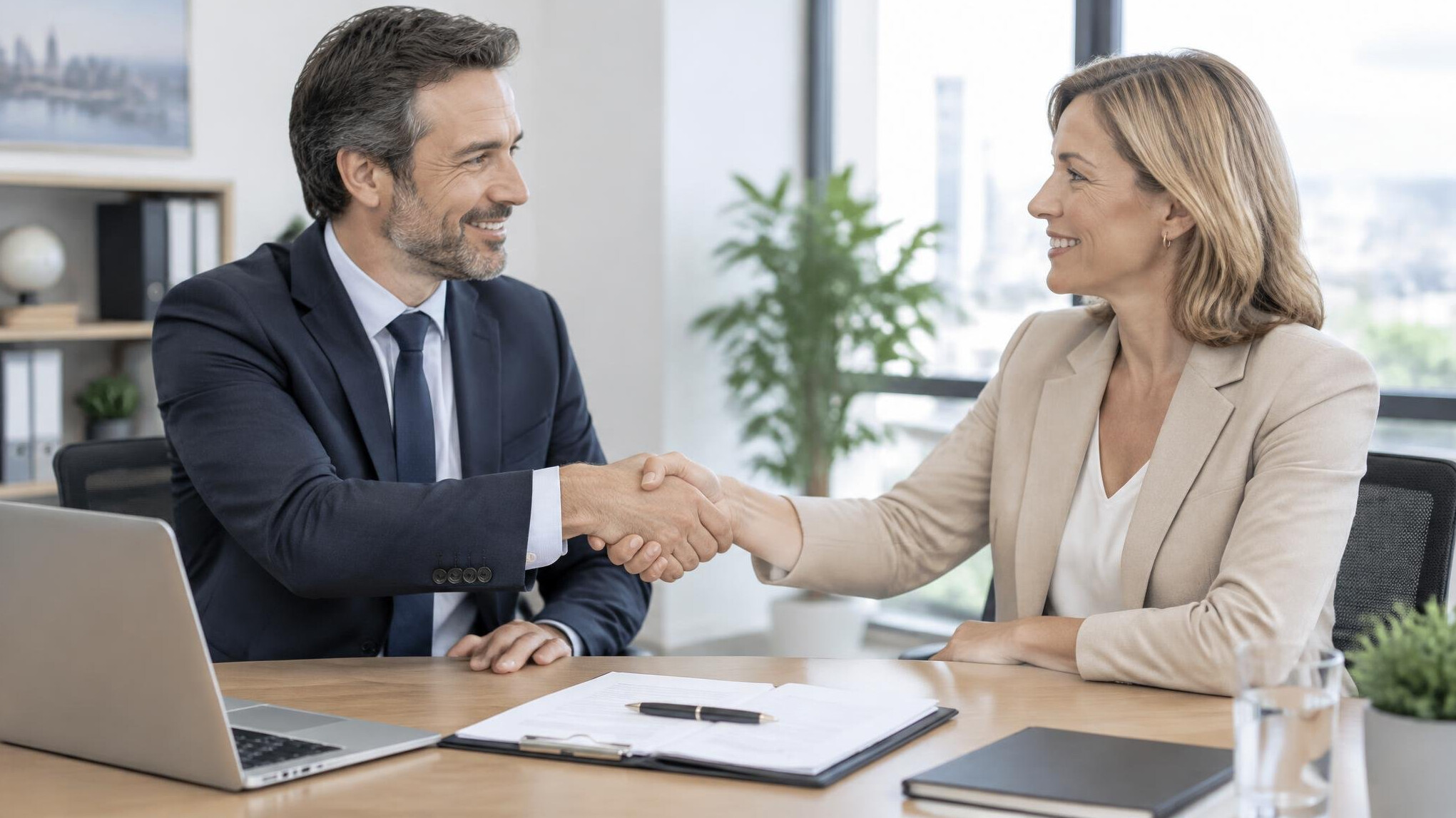 Two professionals shaking hands over a desk agreement